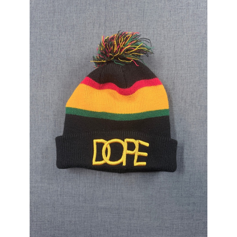 Dope Couture Rasta Stripe Beanie Hat Black Red Yellow Green Pom Pom Cuffed Knit